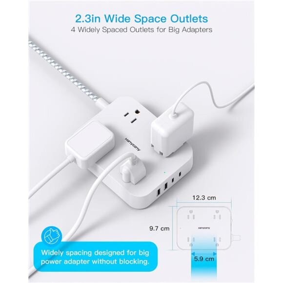 Flat Plug Extension Cord, 5ft Power Strip with 4 USB Ports(2 USB C), 4 Widely - Picture 2 of 8